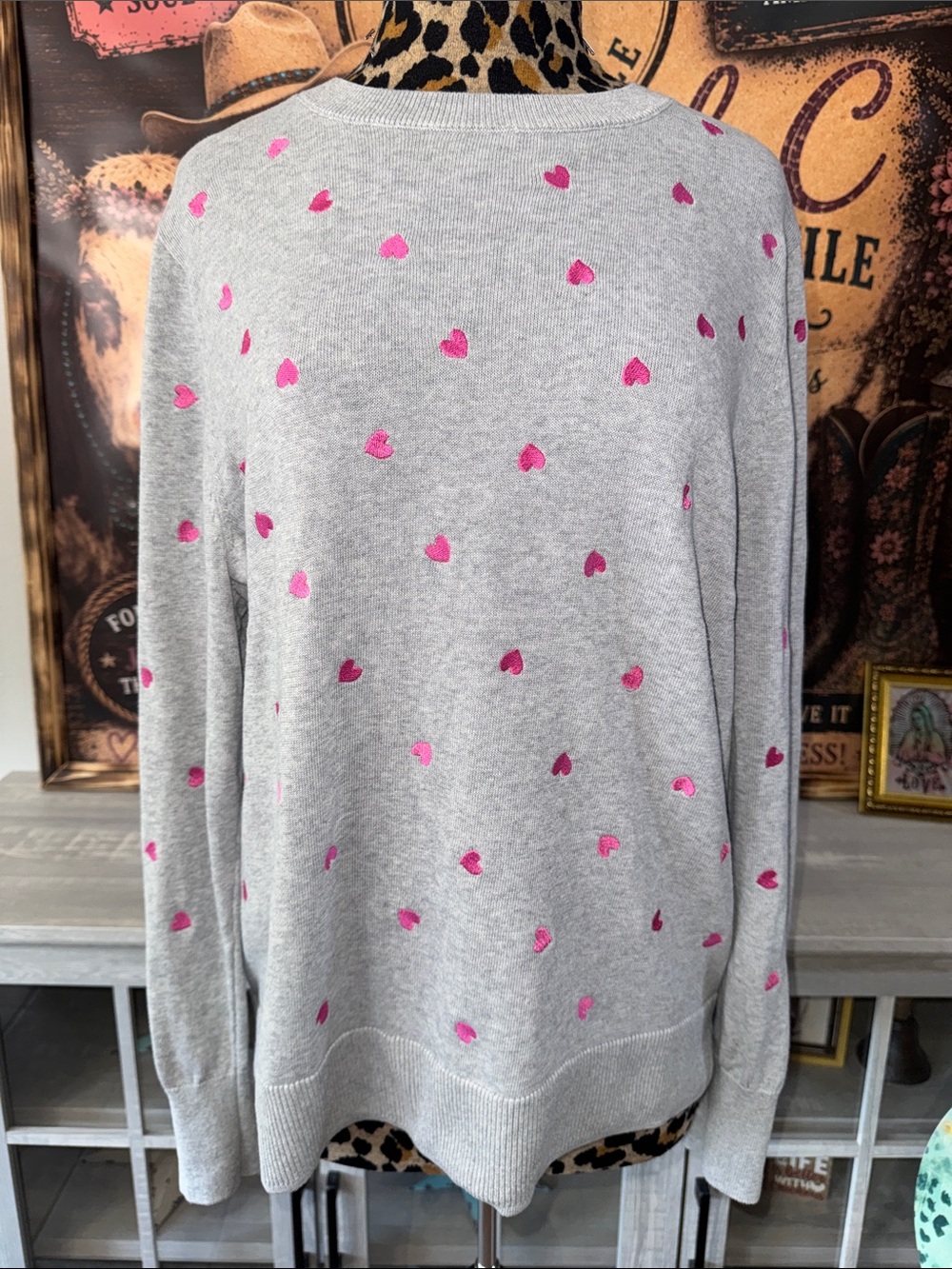 Women's Gray Sweater with Pink Heart Print - Size XXL